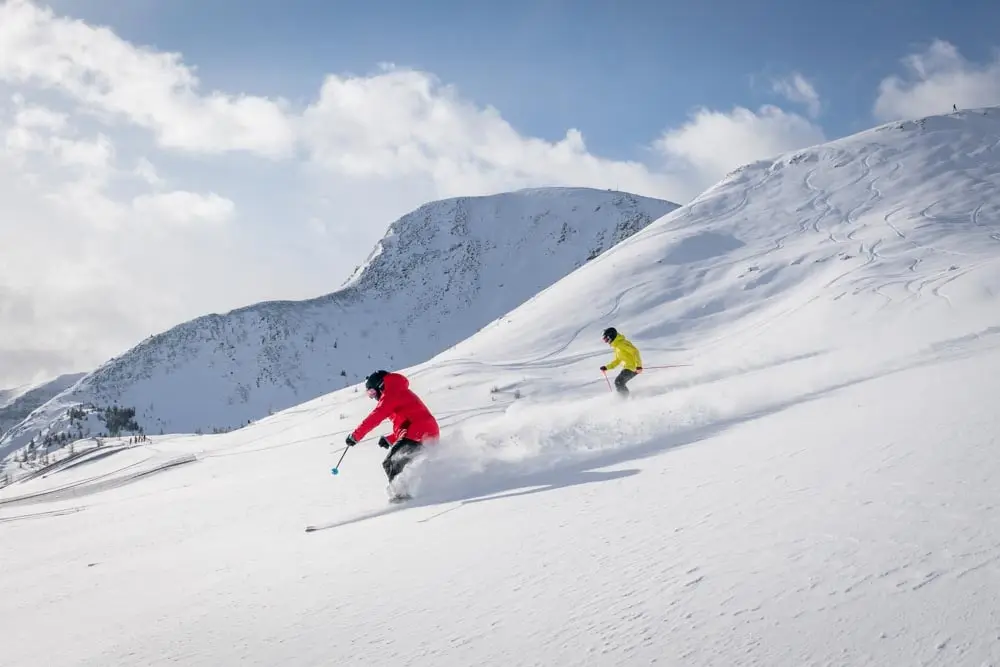 Two skiers carve soft turns through wind-blown gully fans on a backside slope.