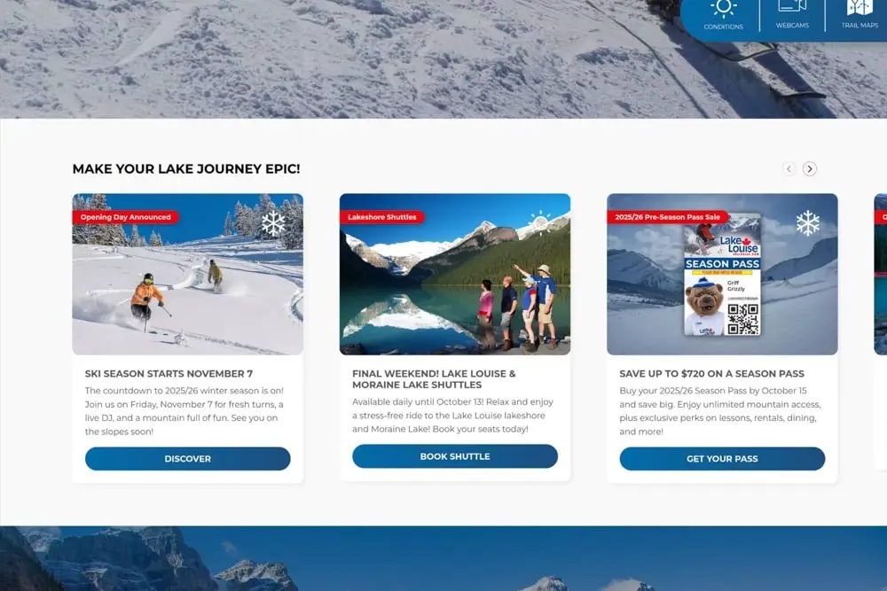 Website screenshot using the skier and snowboarder powder image.